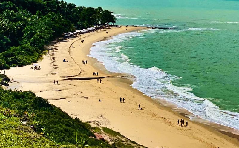 Praia de Pitinga, em Arraial d'Ajuda, com falésias cobertas de vegetação e mar turquesa