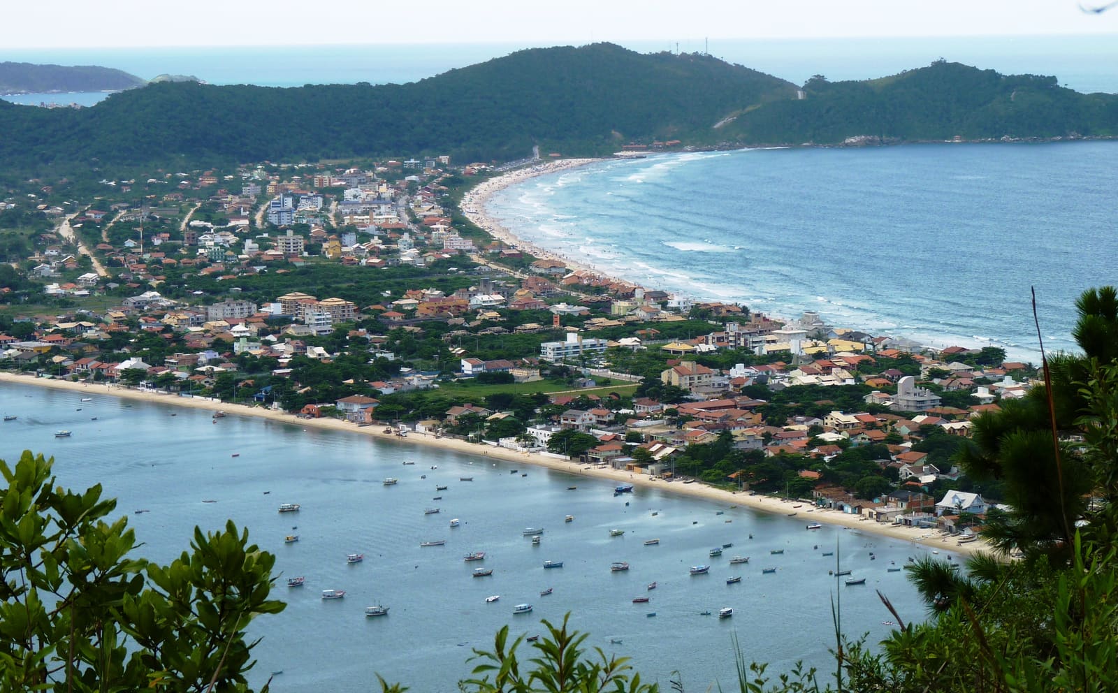 Praia de Canto Grande, em Bombinhas, com costões e mata atlântica ao redor da água esverdeada